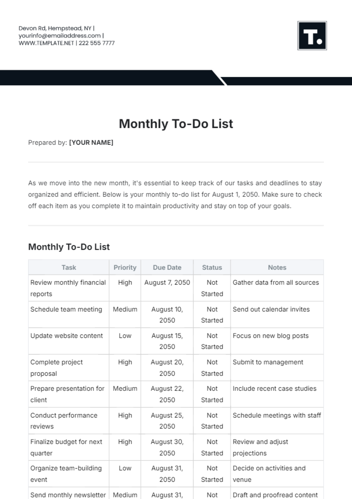 Monthly To-Do List Template