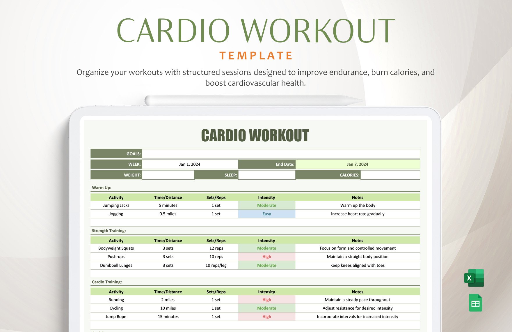Cardio Workout Template in Excel, Google Sheets