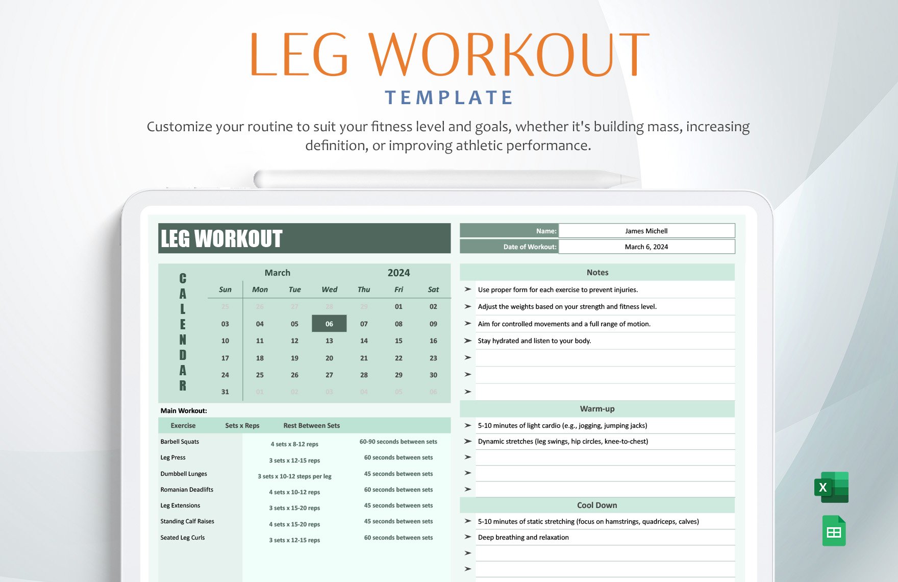 Leg Workout Template in Excel, Google Sheets