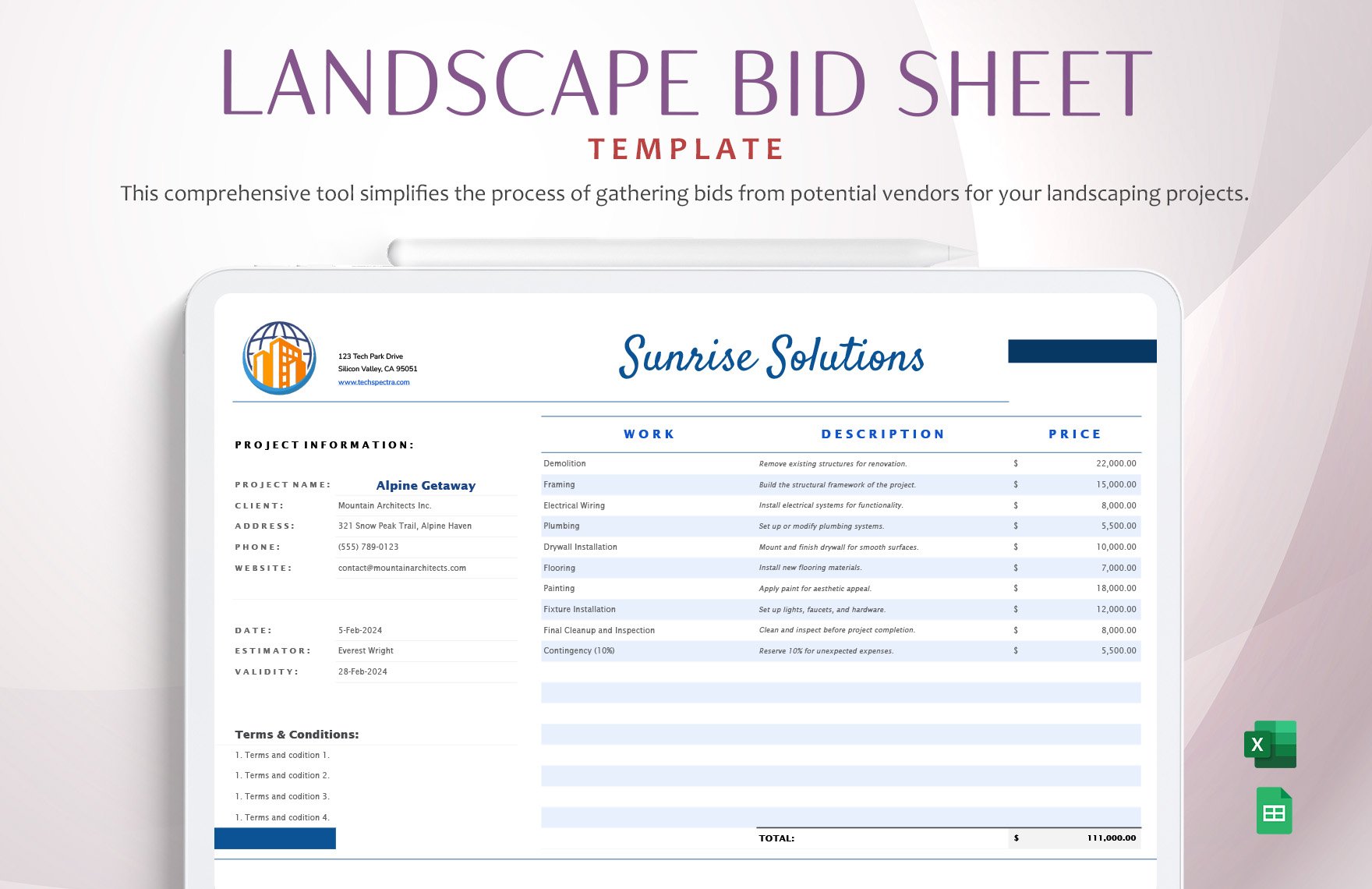 Landscape Bid Sheet Template in Excel, Google Sheets