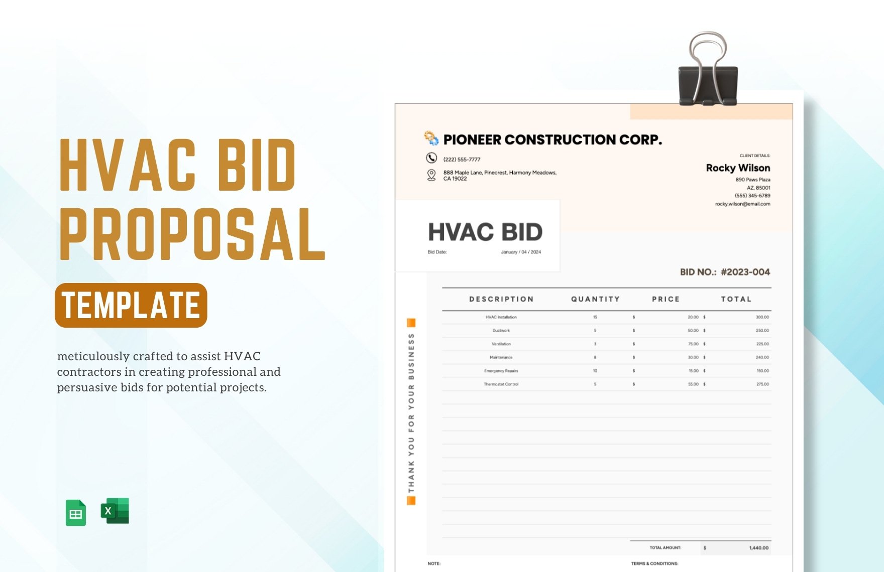 HVAC Bid Proposal Template in Excel, Google Sheets