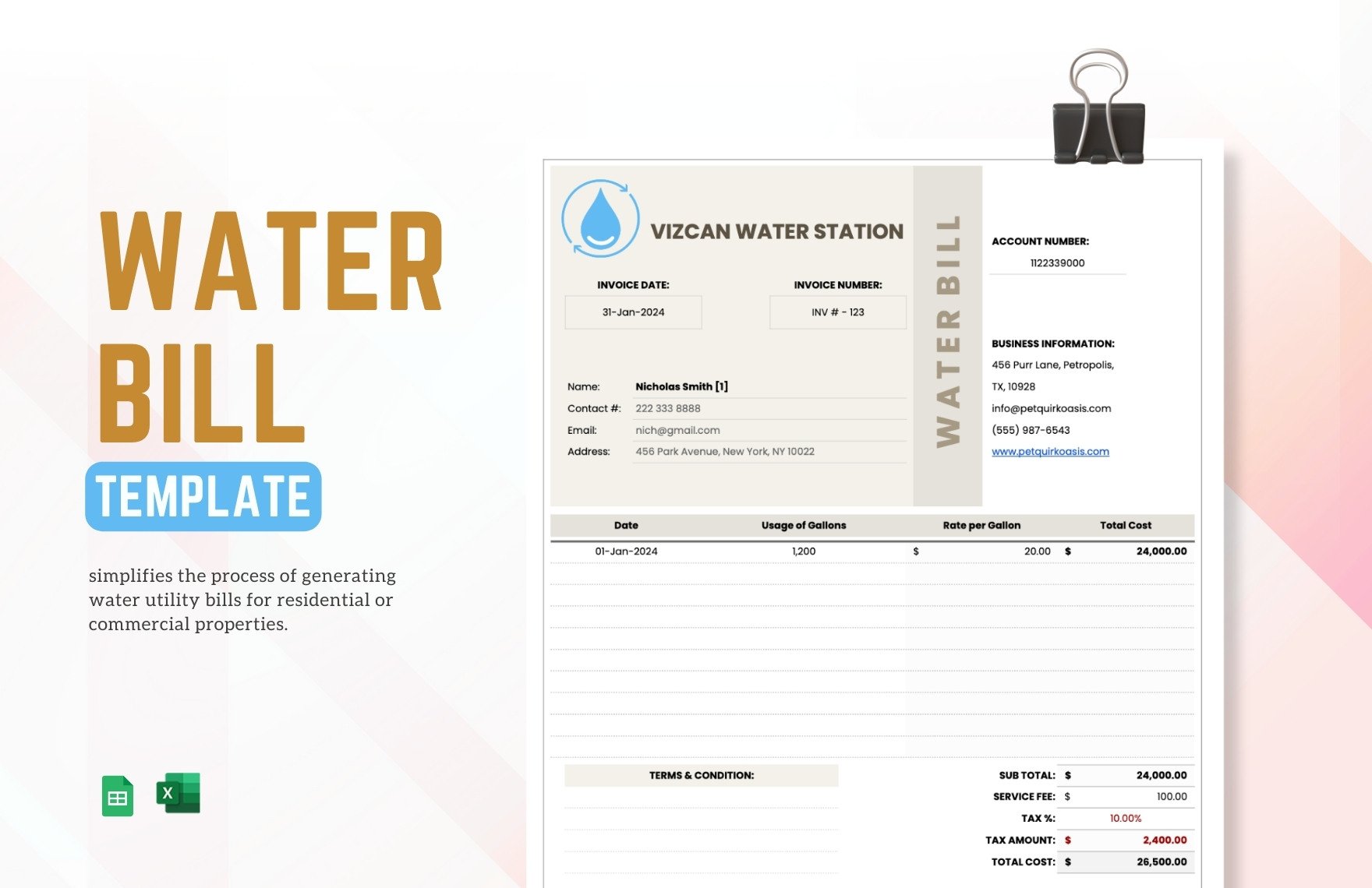 Water Bill Template in Excel, Google Sheets