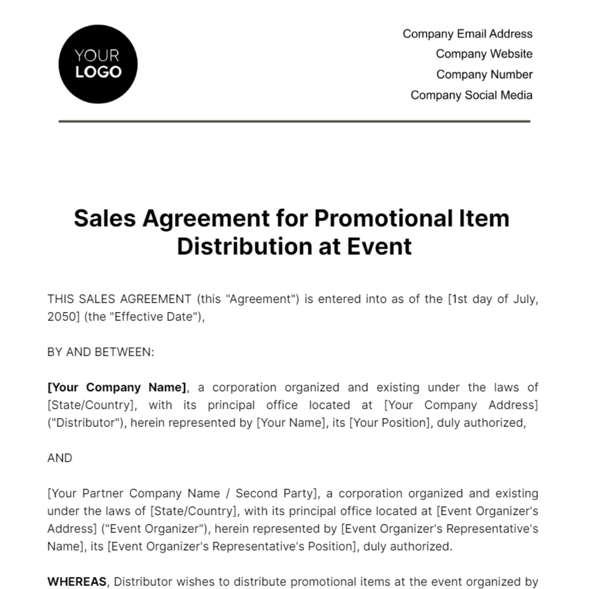 Free Sales Agreement for Promotional Item Distribution at Event Template
