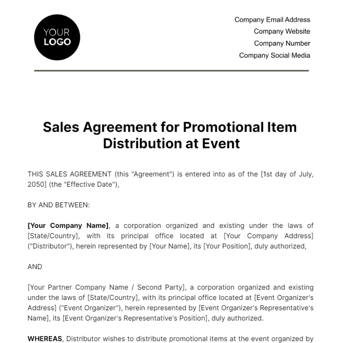 Sales Agreement for Promotional Item Distribution at Event Template - Edit Online & Download