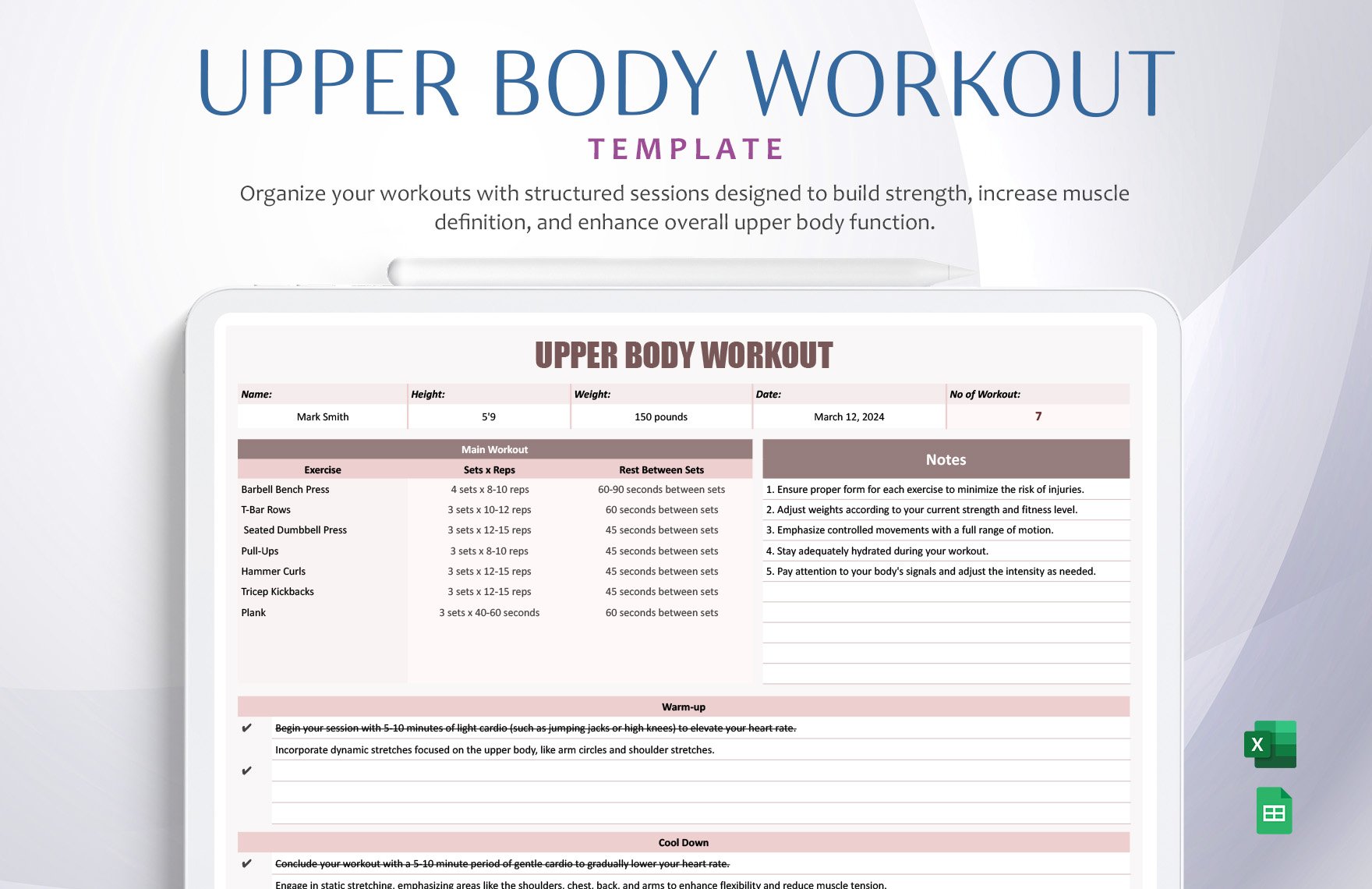 Upper Body Workout Template in Excel, Google Sheets