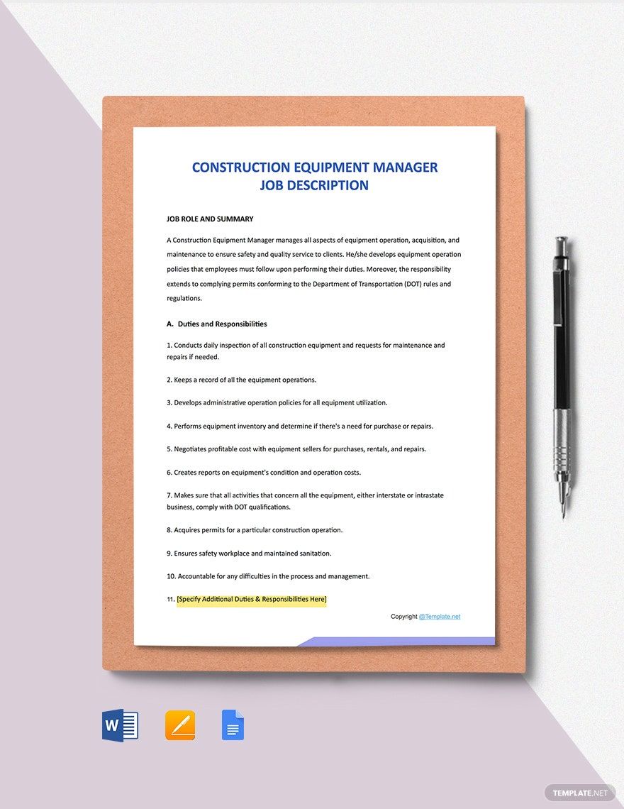 Construction Equipment Manager Job Ad and Description Template - Google