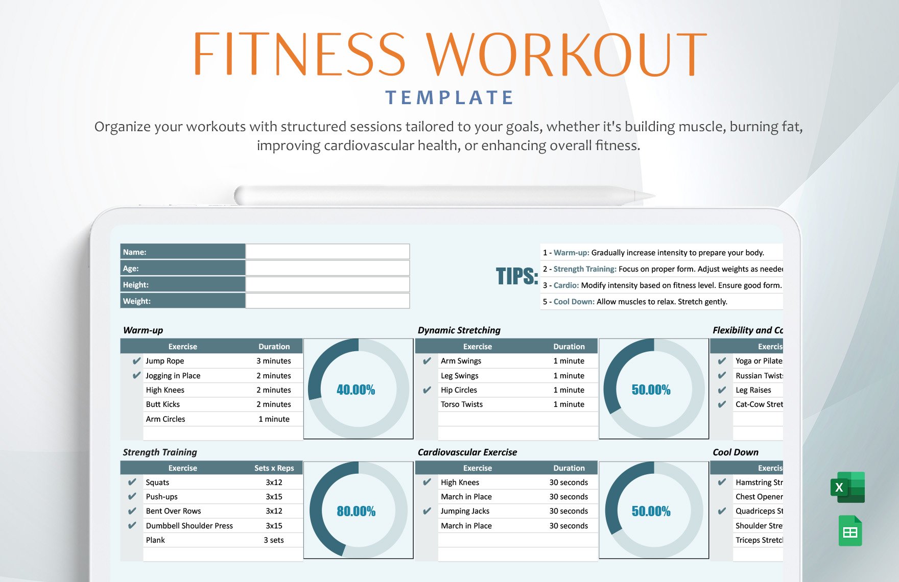 Fitness Workout Template in Excel, Google Sheets