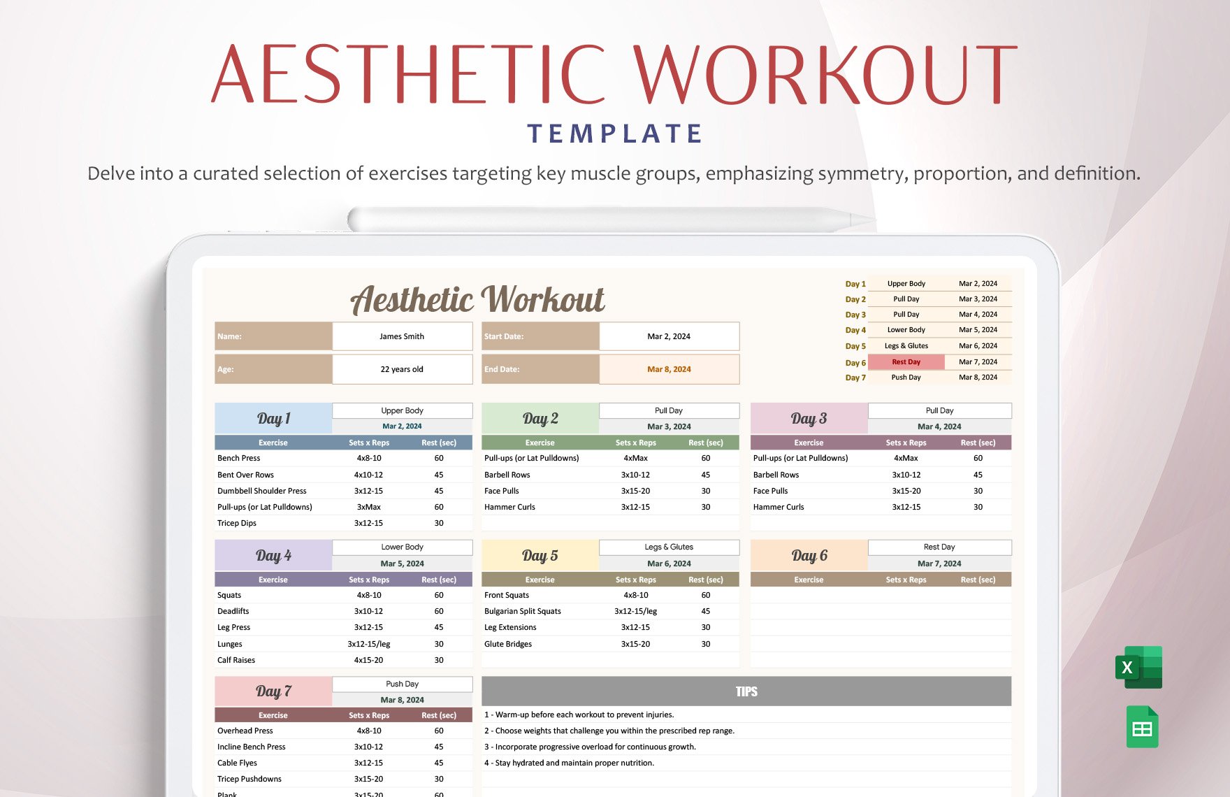 Aesthetic Workout Template in Excel, Google Sheets