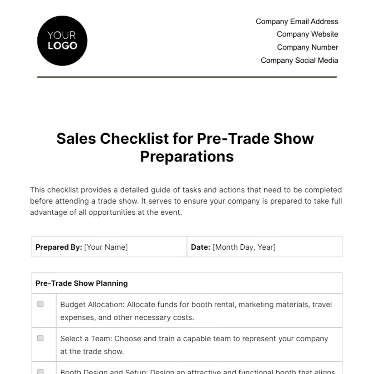 Sales Checklist for Pre-Trade Show Preparations Template