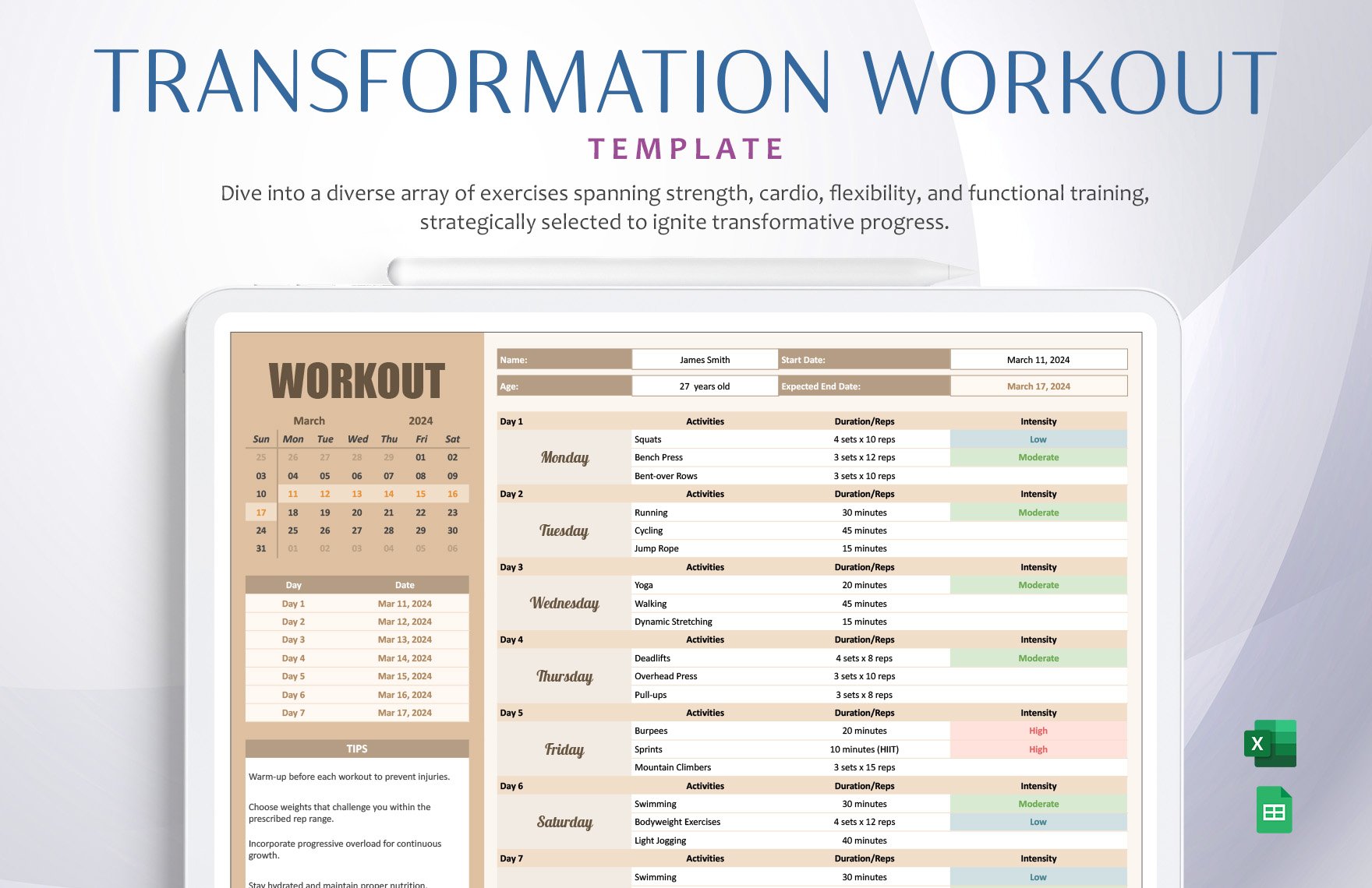 Transformation Workout Template in Excel, Google Sheets