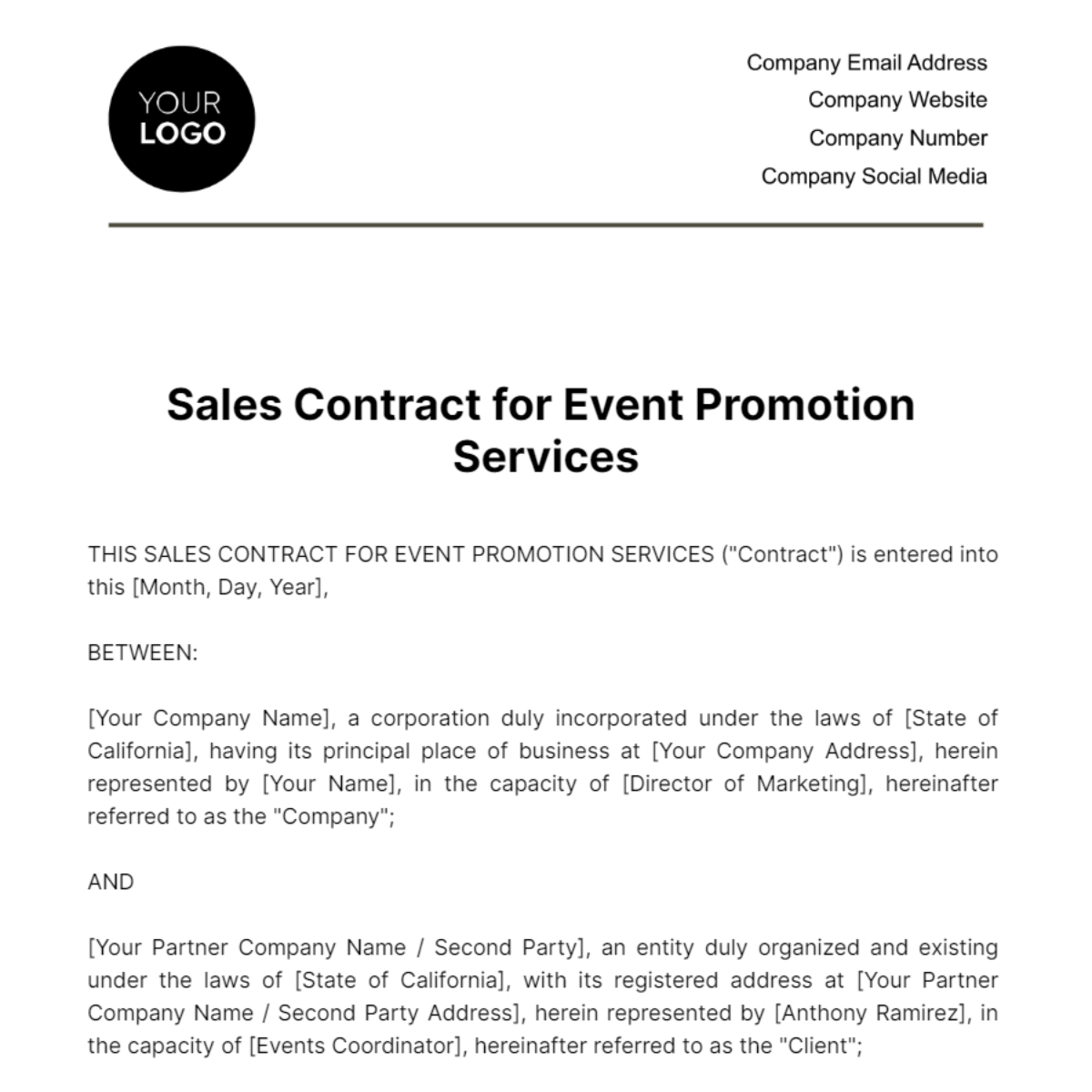 Free Sales Contract for Event Promotion Services Template