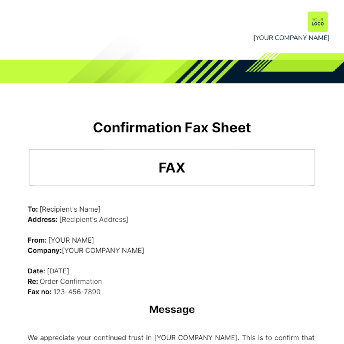 Confirmation Fax Sheet Template
