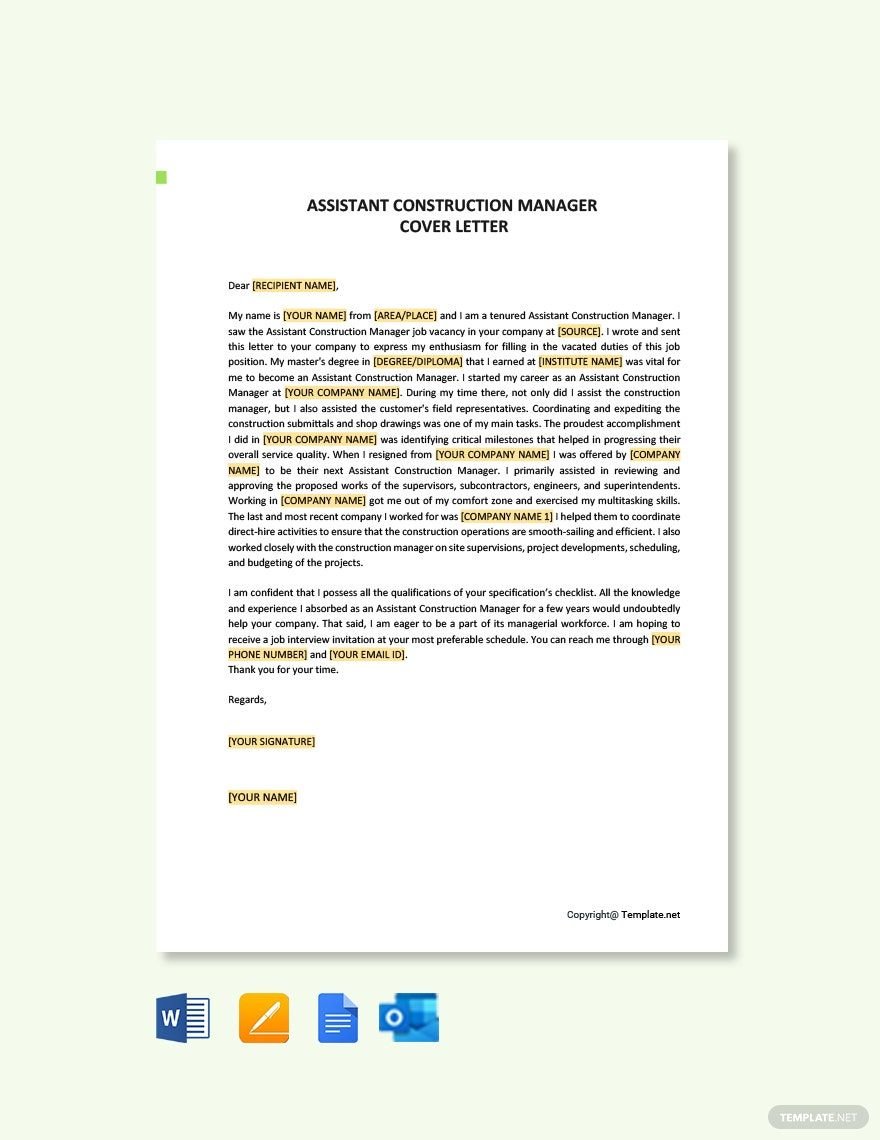 Assistant Construction Manager Cover Letter Template
