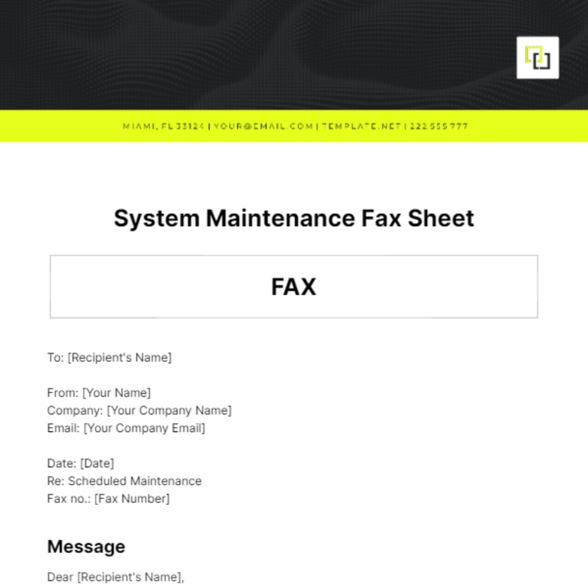 System Maintenance Fax Sheet Template