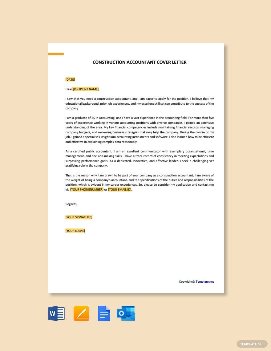 Construction Accountant Cover Letter Template in Word, Google Docs, PDF, Apple Pages, Outlook