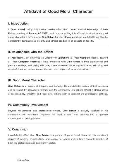 Free Affidavit of Good Moral Character Template to Edit Online