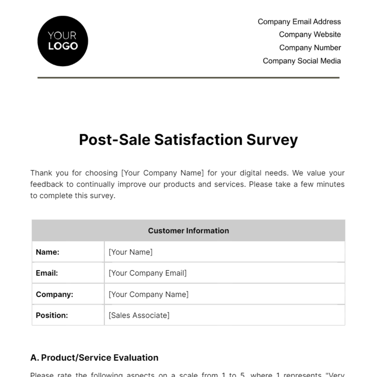 Free Post-Sale Satisfaction Survey Template