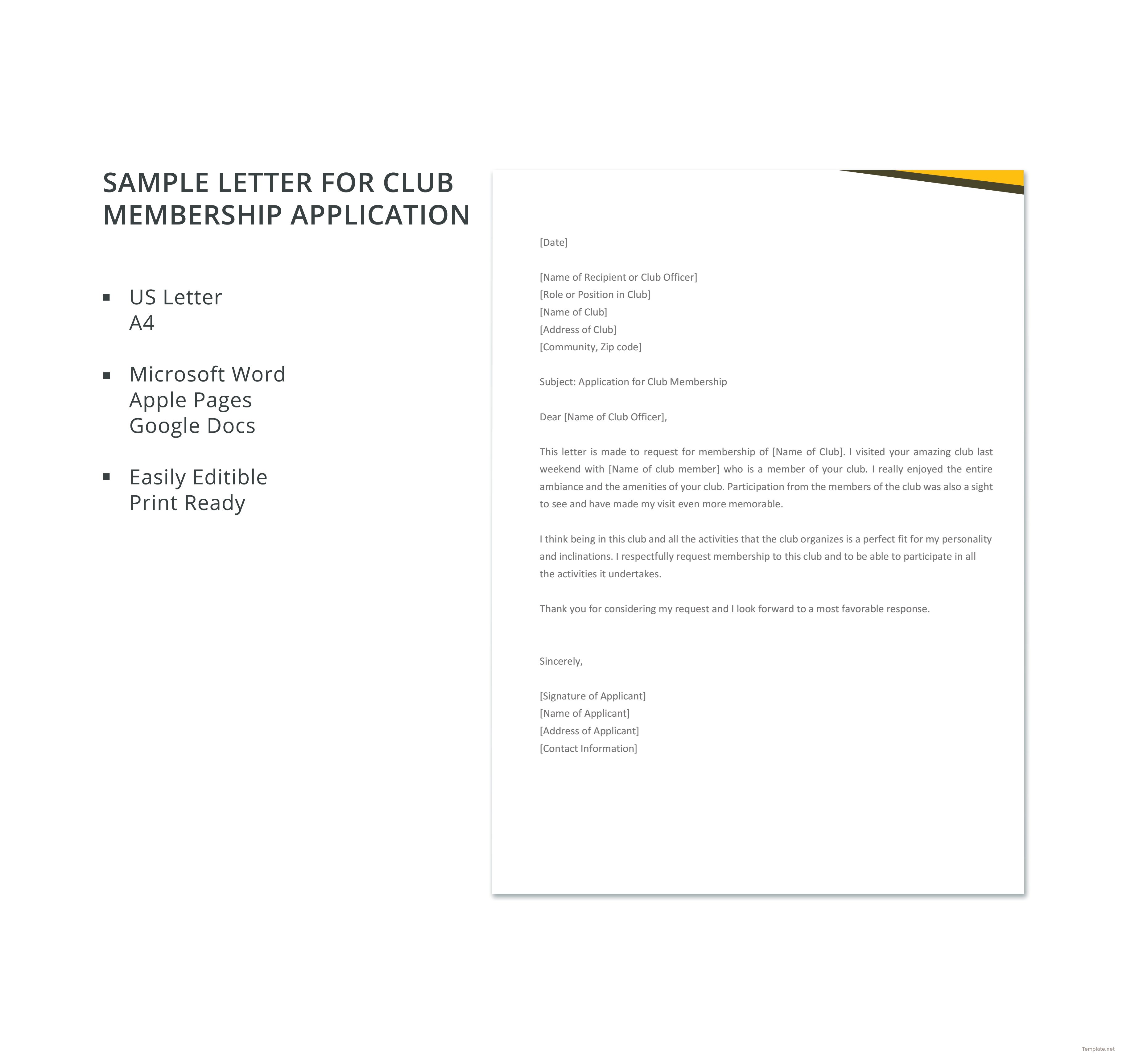 Sample Application Letter for Club Membership Template in Microsoft