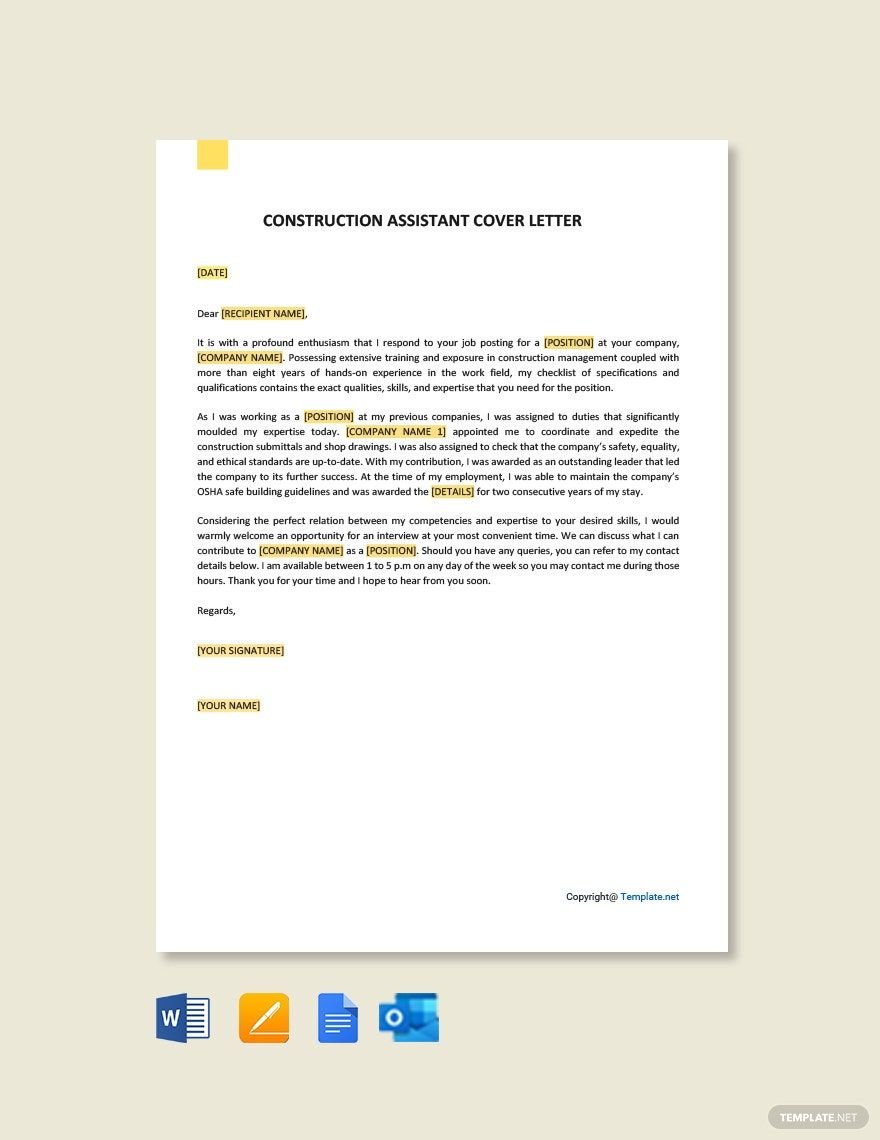 Construction Assistant Cover Letter Template