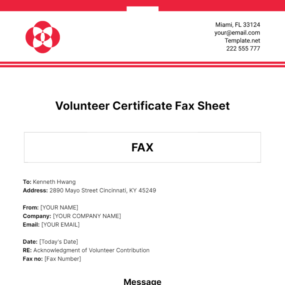 Volunteer Certificate Fax Sheet Template