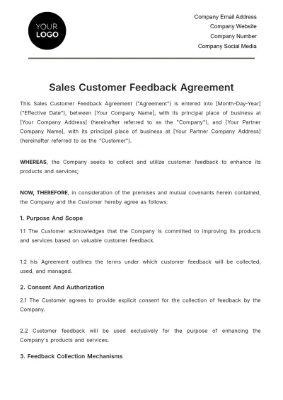 Free Sales Customer Feedback Agreement Template to Edit Online