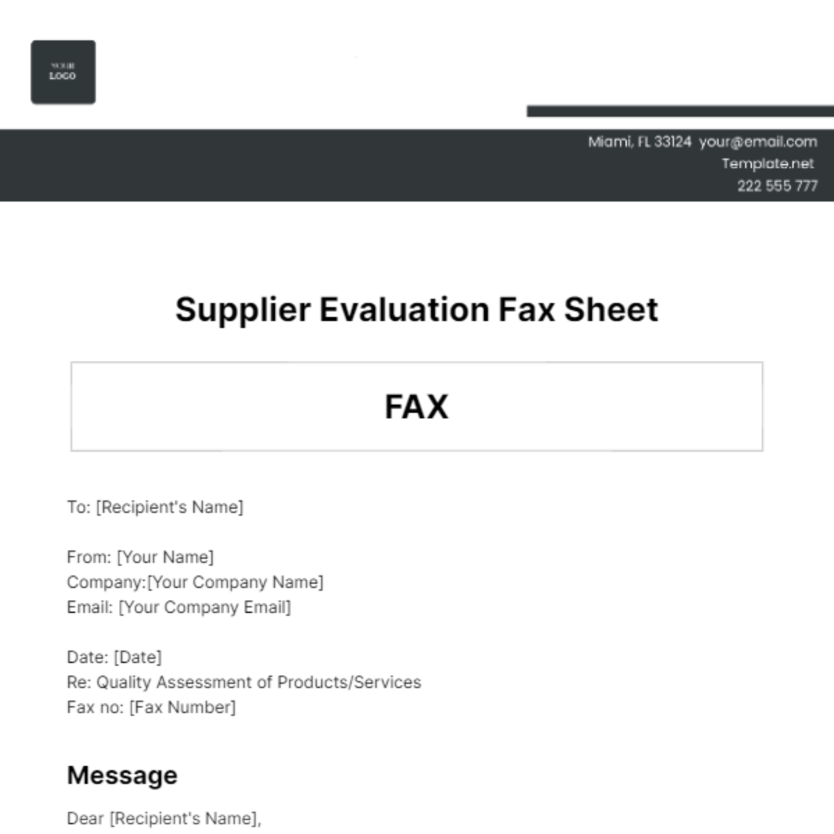 Supplier Evaluation Fax Sheet Template