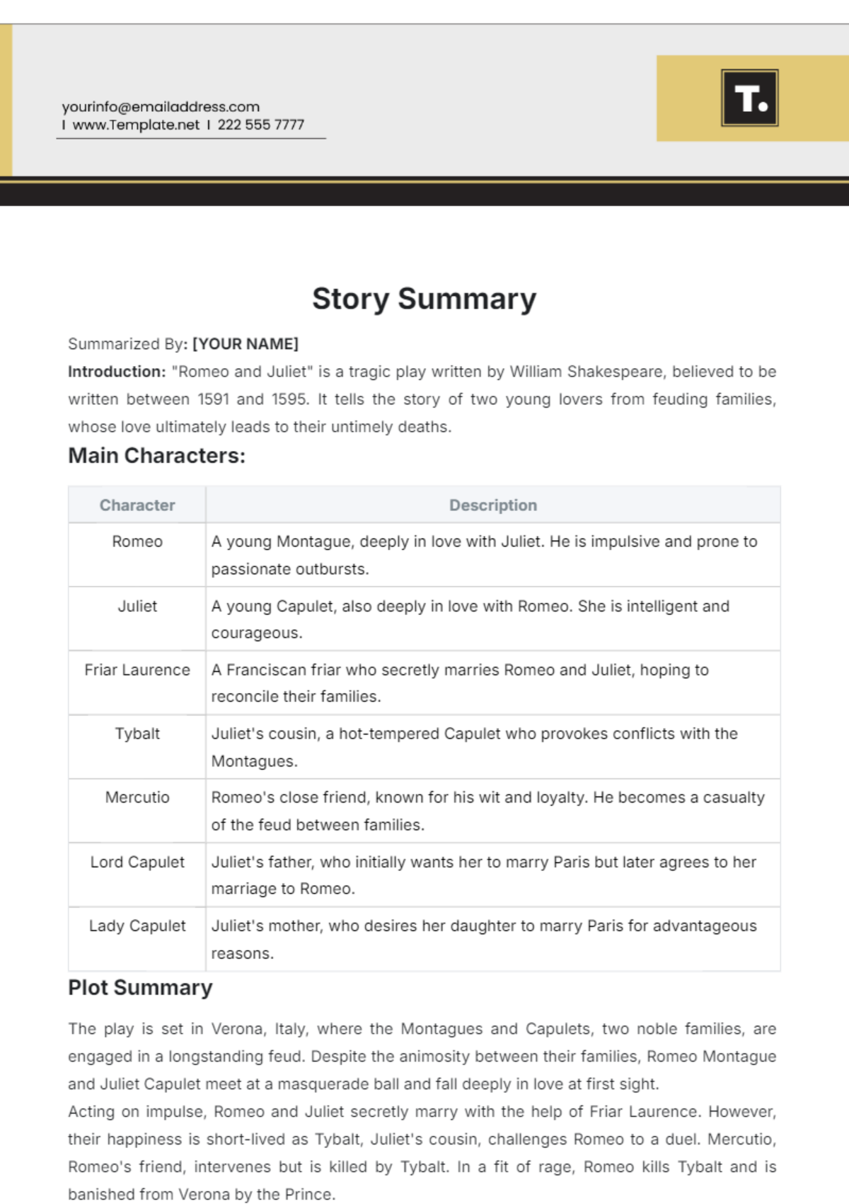 Story Summary Template - Edit Online & Download