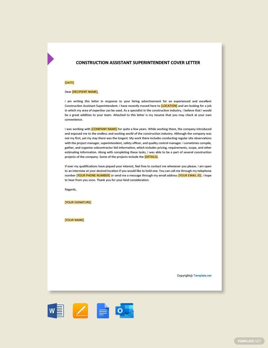 Construction Assistant Superintendent Cover Letter Template