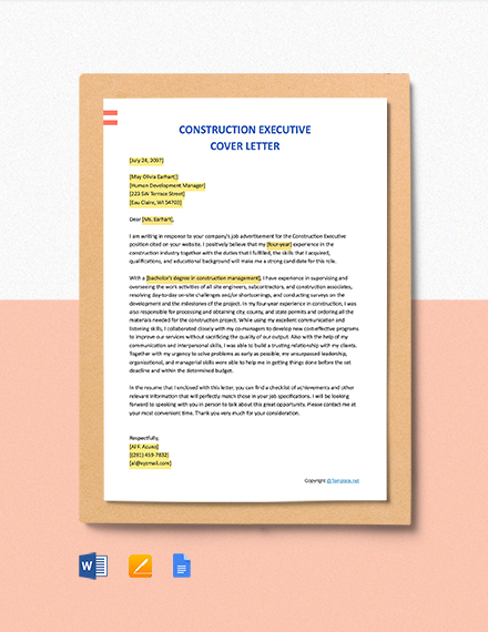 FREE Construction Executive Cover Letter Word Apple Pages Google 