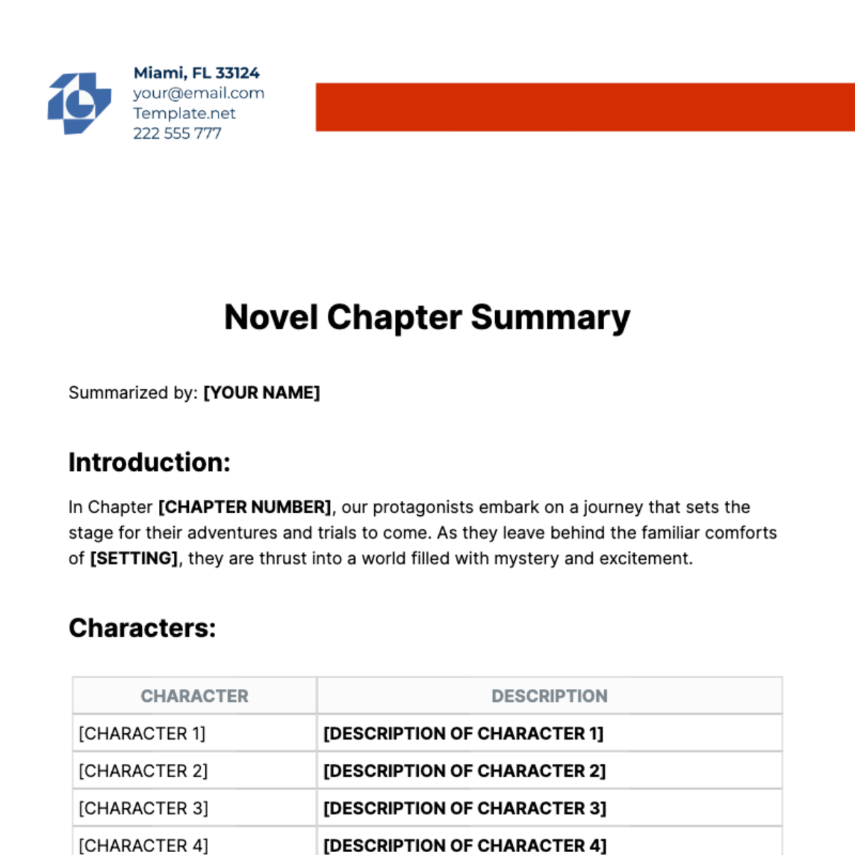Novel Chapter Summary Template