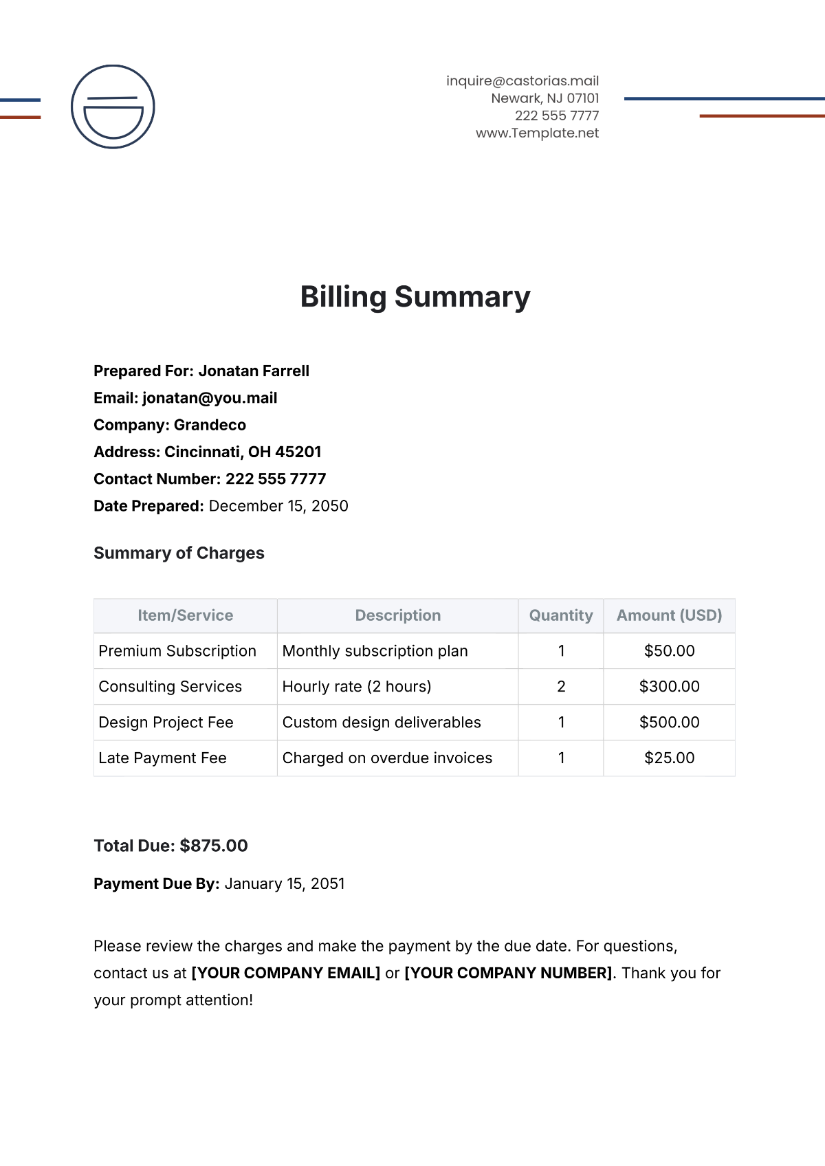 Billing Summary Template - Edit Online & Download