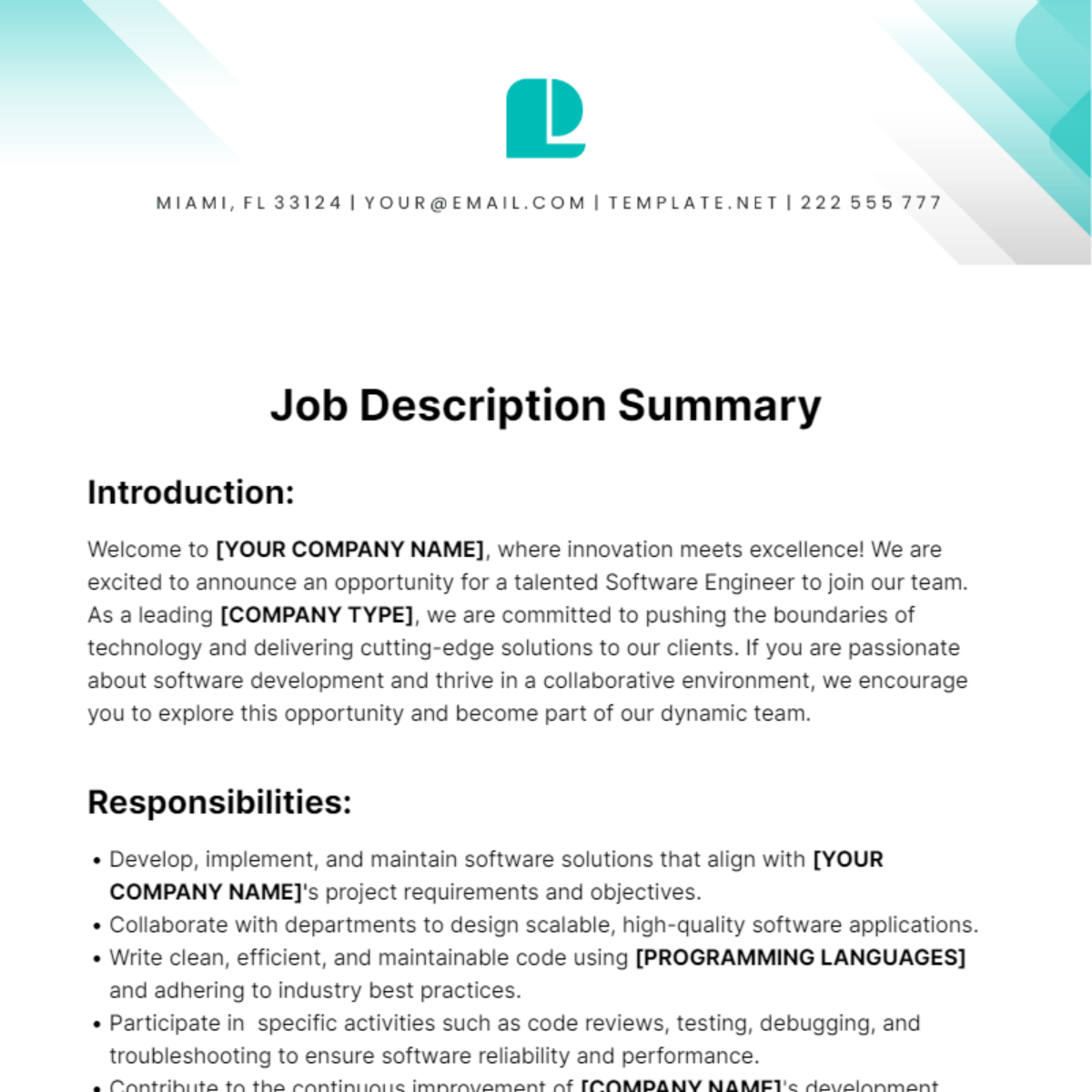 Job Description Summary Template