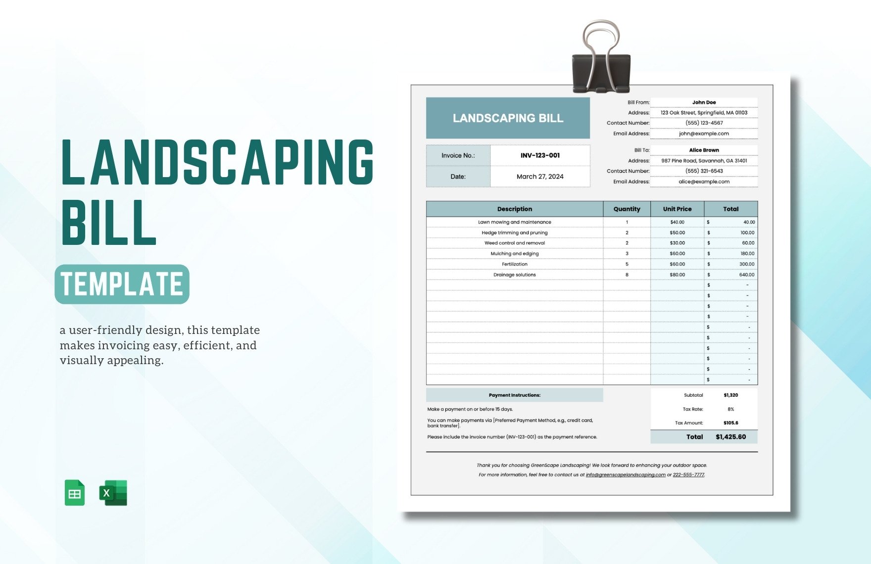 Landscaping Bill Template in Excel, Google Sheets