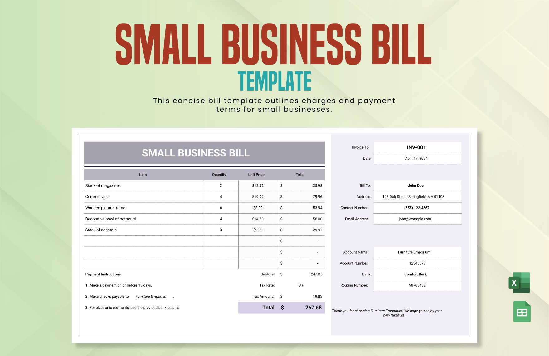 Small Business Bill Template in Excel, Google Sheets
