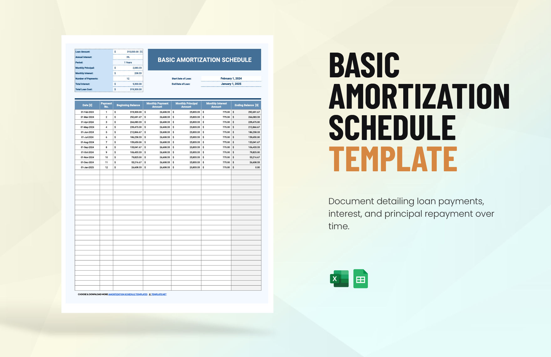 Free Basic Amortization Schedule Template in Excel, Google Sheets