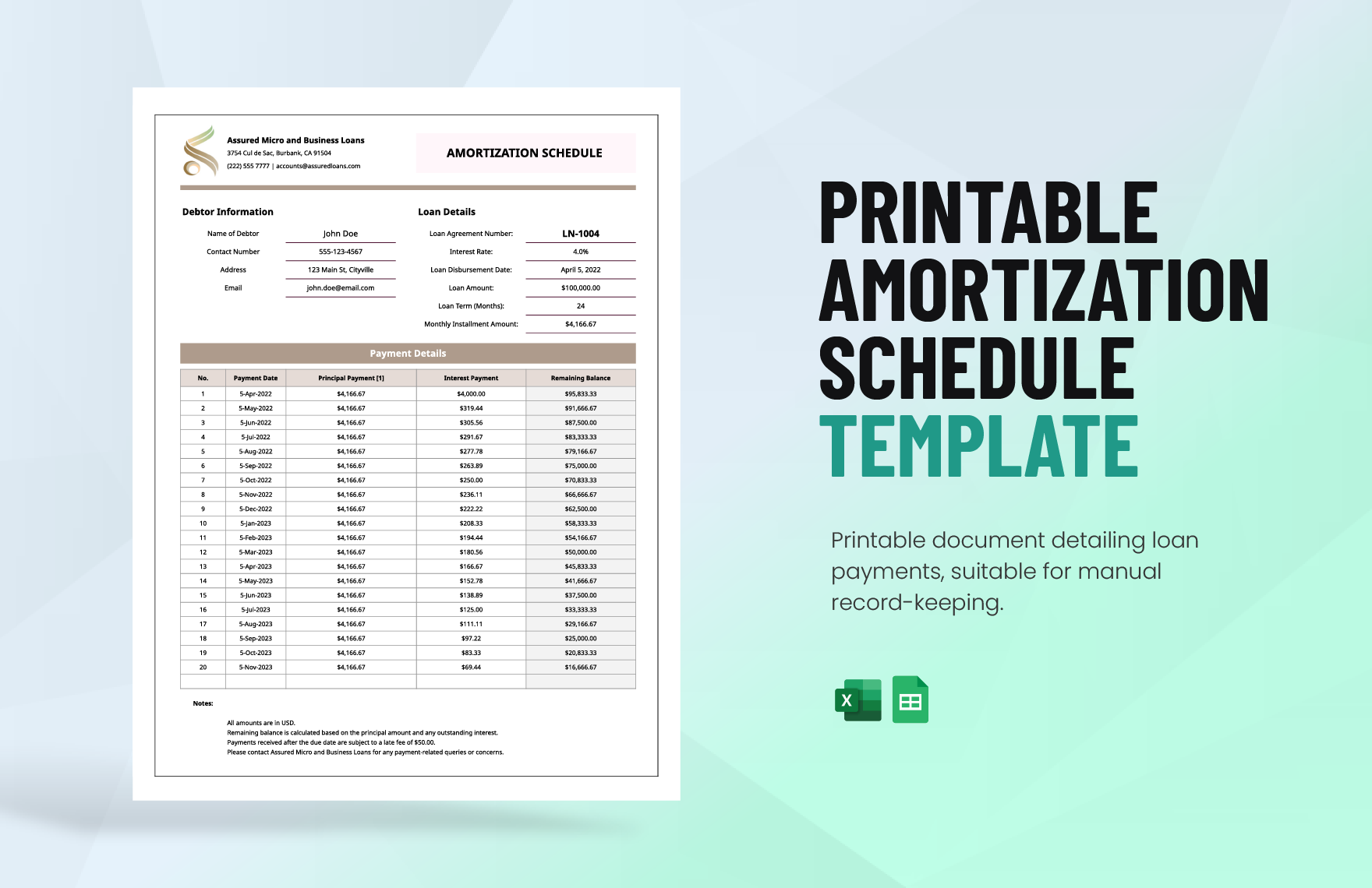 Printable Amortization Schedule Template in Excel, Google Sheets