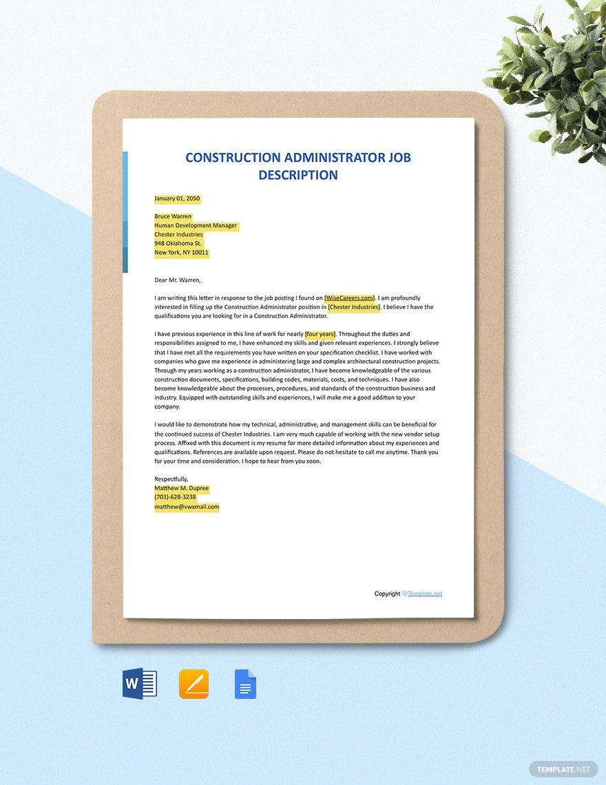Construction Administrator Cover Letter Template
