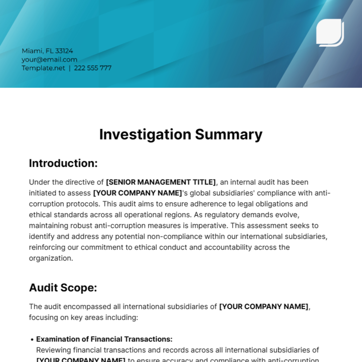 Investigation Summary Template