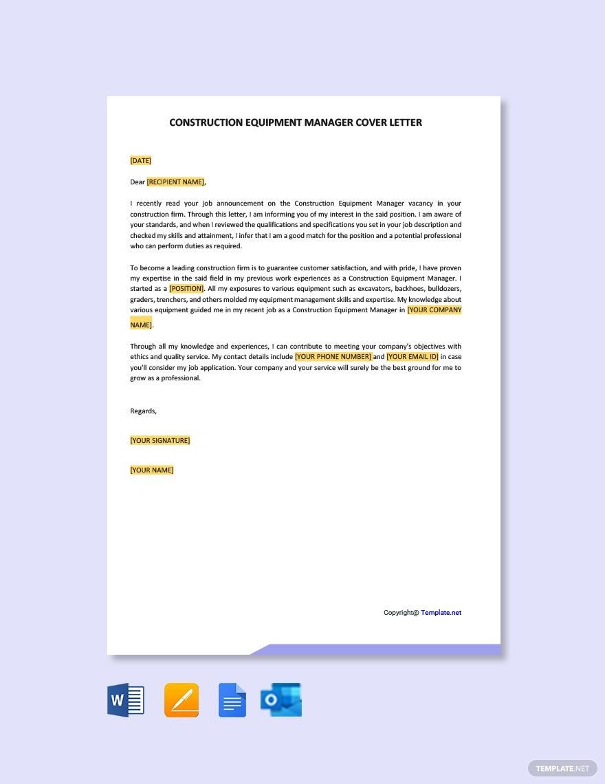 Construction Equipment Manager Cover Letter Template