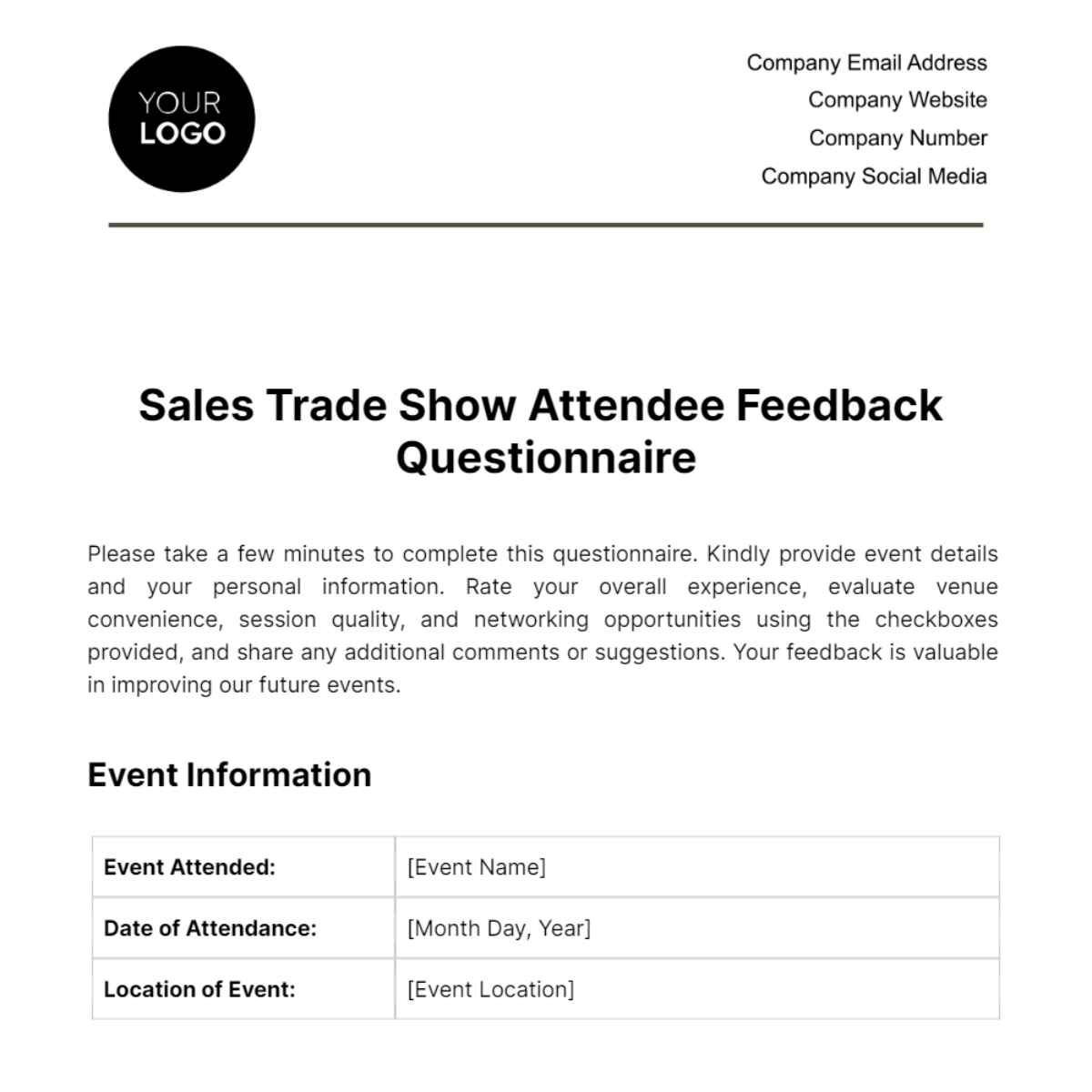 Free Sales Trade Show Attendee Feedback Questionnaire Template