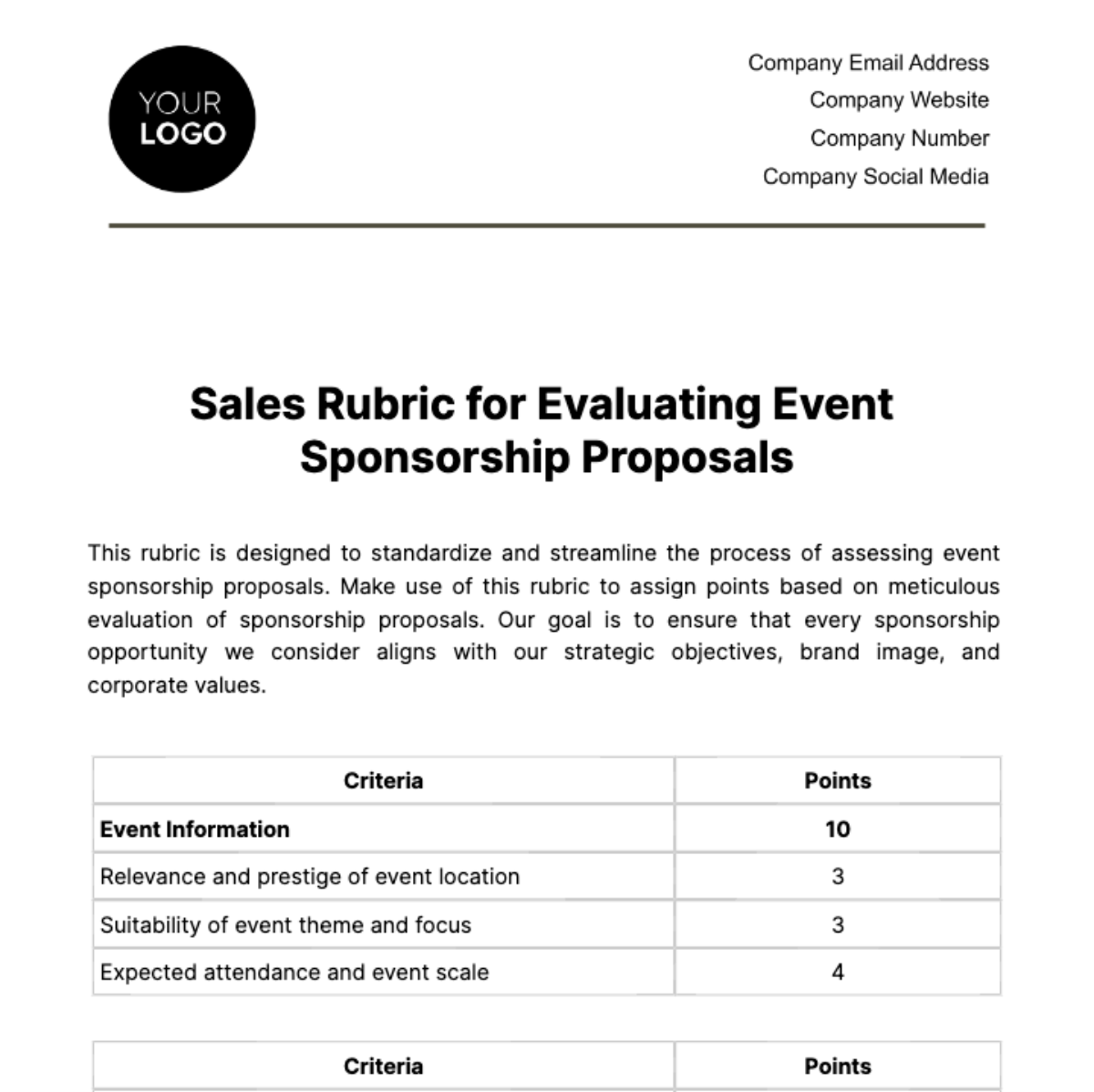 Free Sales Rubric for Evaluating Event Sponsorship Proposals Template