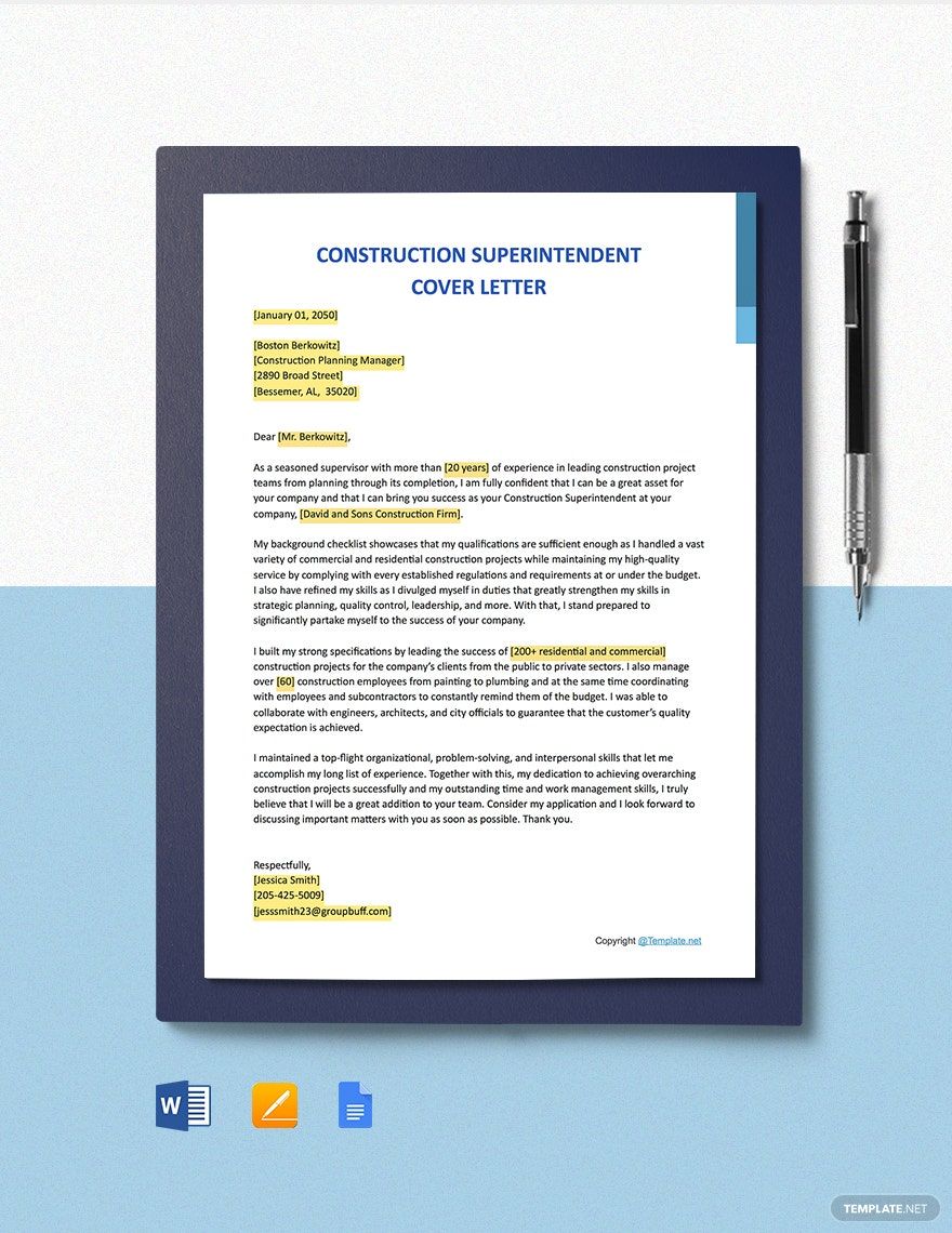 Construction Superintendent Cover Letter in Word, Google Docs, PDF, Apple Pages