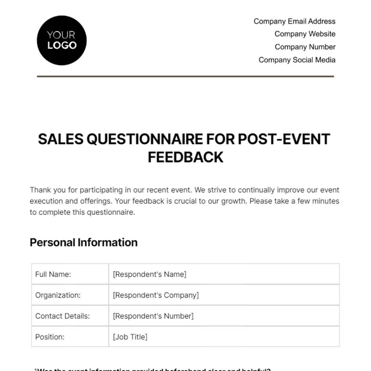 Sales Questionnaire for Post-Event Feedback Template
