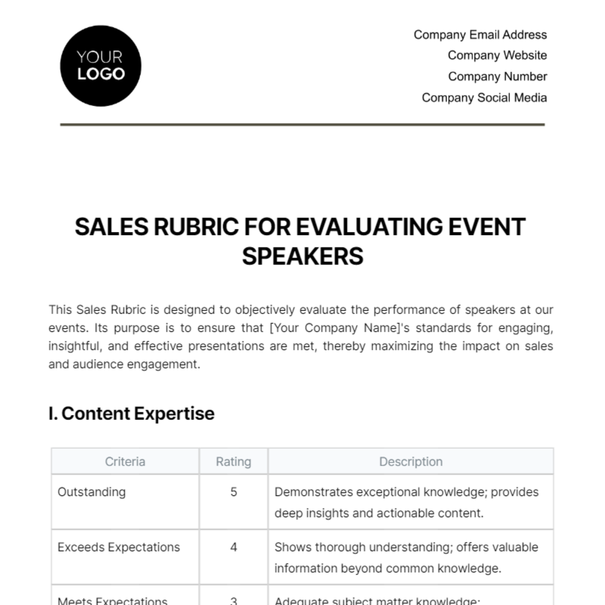 Sales Rubric for Evaluating Event Speakers Template
