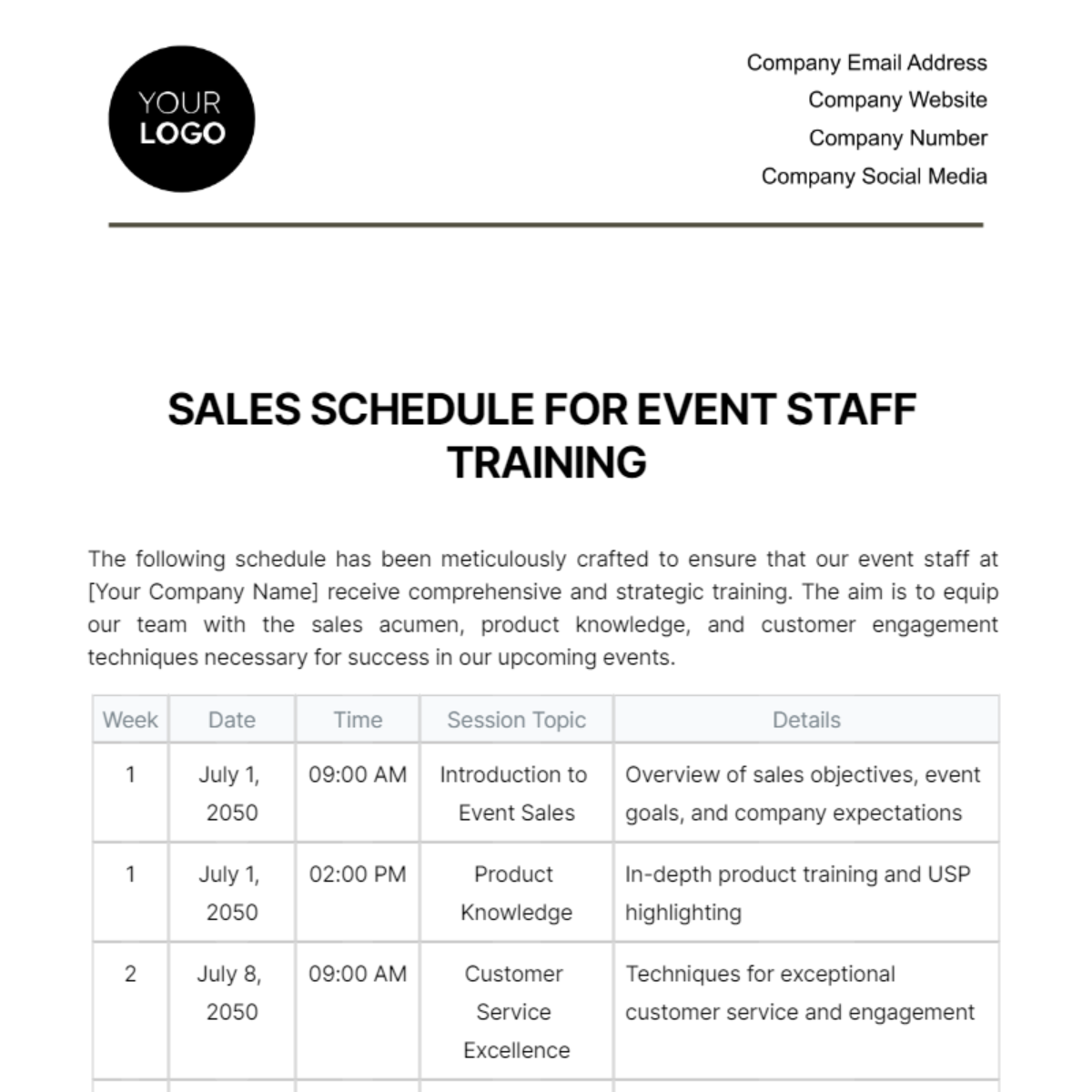 Sales Schedule for Event Staff Training Template