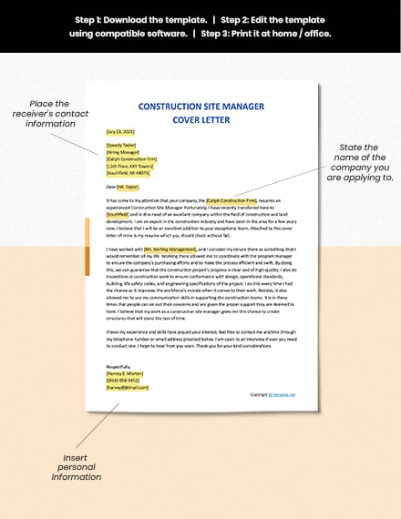 FREE Construction Site Manager Cover Letter - Word | Apple ...