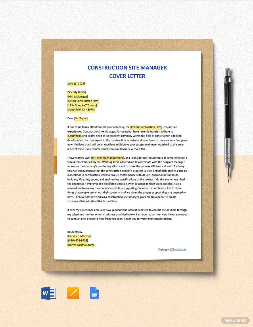 Construction Site Manager Cover Letter