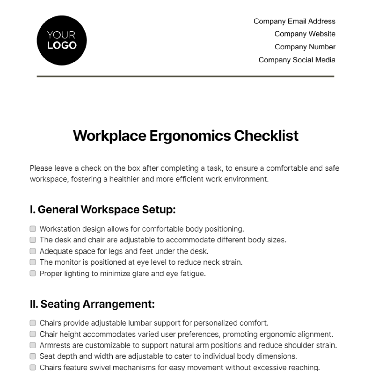Workplace Ergonomics Checklist Template