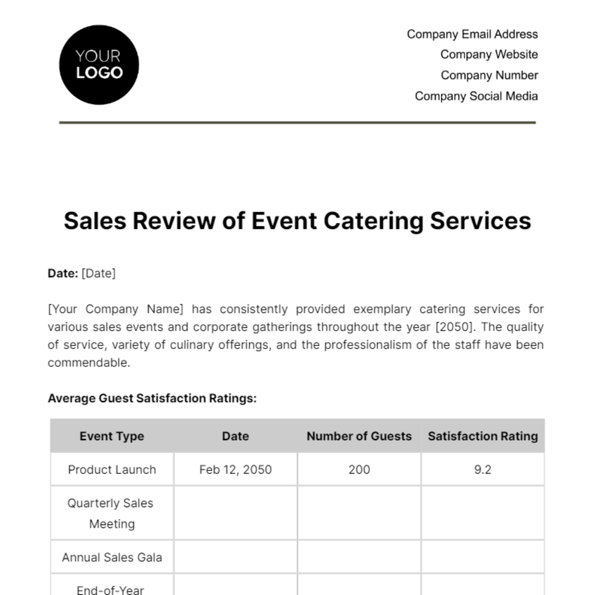 Sales Review of Event Catering Services Template