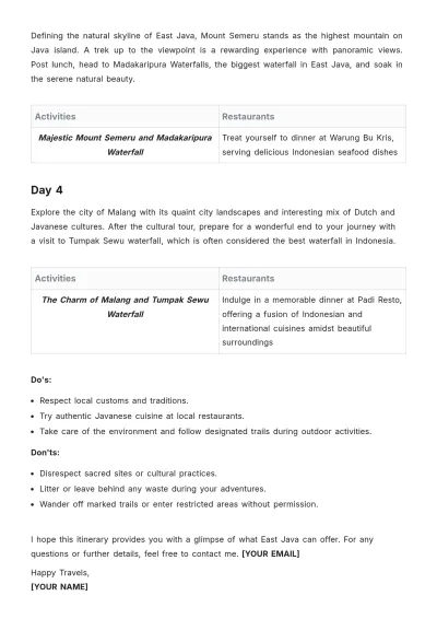 Free East Java Itinerary Template to Edit Online